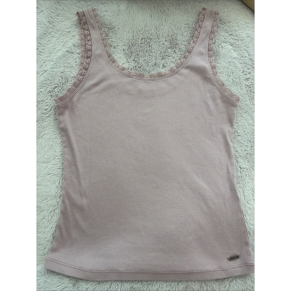 Hollister Ribbed Lace Trim Rose Pink Cropped Layering Tank  Size M